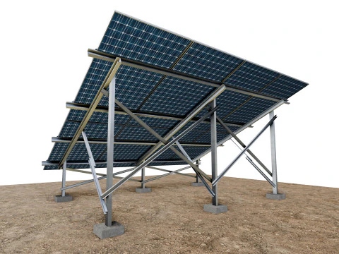 Lowpoly Ground Mounted Solar Panels-4 Rows of PV Modules 3D Model