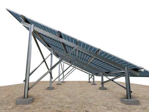 Lowpoly Ground Mounted Solar Panels-7 Rows of PV Modules 3D Model