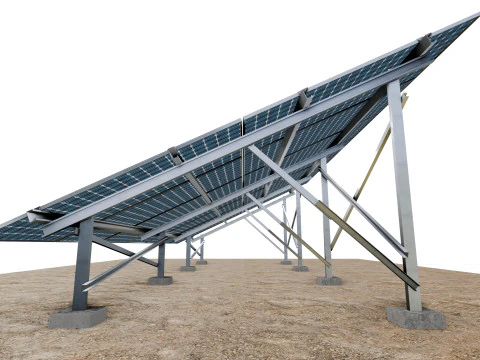 Lowpoly Ground Mounted Solar Panels-7 Rows of PV Modules 3D Model