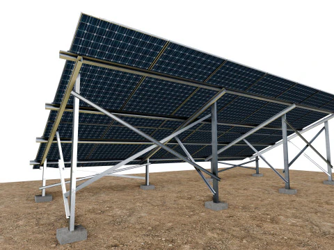 Lowpoly Ground Mounted Solar Panels-7 Rows of PV Modules 3D Model