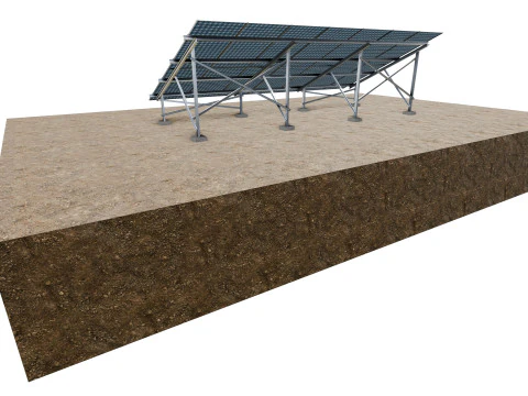 Lowpoly Ground Mounted Solar Panels-7 Rows of PV Modules 3D Model