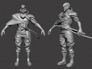 一人称と三人称の様式化された武士 ローポリ 3Dモデル