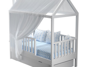 Childrens bed house Linn with board - solid beech 02 3D Model
