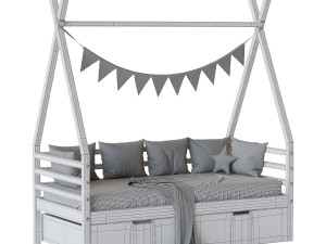 Childrens bed house Wigwam with board - solid Beech Model 3D