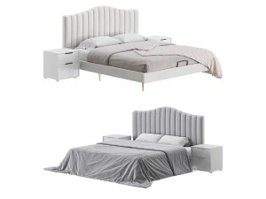 キャメルバックパネルヘッドボード付き無垢材ベッド 3Dモデル