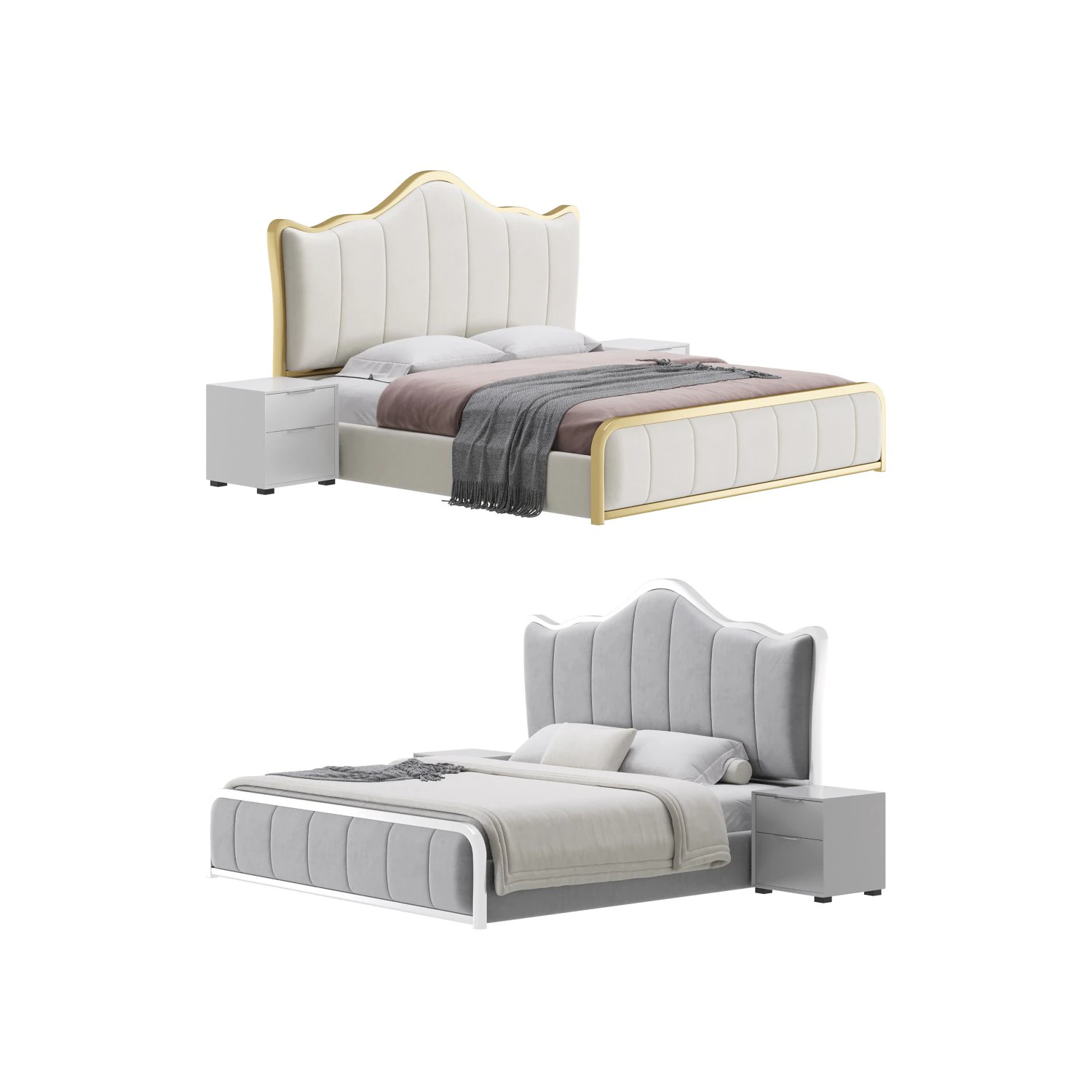 White Upholstered Bed with Headboard 3D Model .c4d .max .obj .3ds .fbx .stl .blend