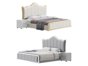 White Upholstered Bed with Headboard 3Dモデル