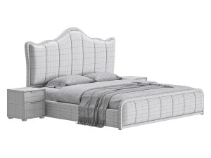 White Upholstered Bed with Headboard 3D Model