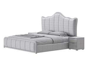 White Upholstered Bed with Headboard 3D Model