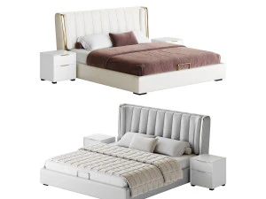 Tempat Tidur Modern Wingback Berlapis Krem I Model 3D