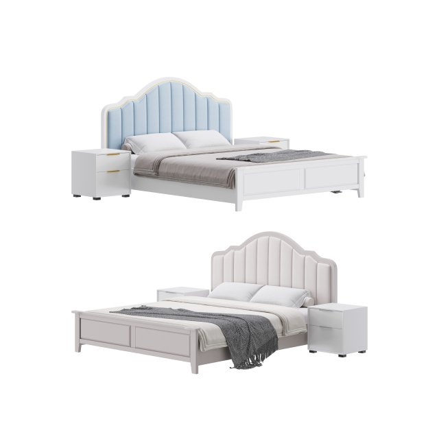 Blue Wood Upholstered Headboard Bed 3D Model .c4d .max .obj .3ds .fbx .stl .blend 