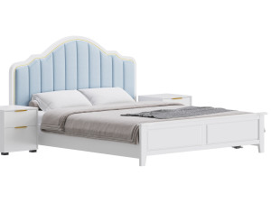 Blue Wood Upholstered Headboard Bed 3D Model