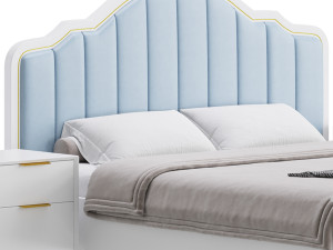 Blue Wood Upholstered Headboard Bed 3D Model