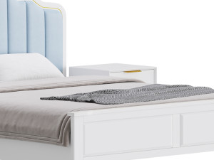 Blue Wood Upholstered Headboard Bed 3D Model
