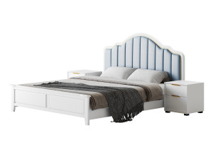 Blue Wood Upholstered Headboard Bed 3D Model