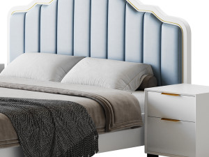 Blue Wood Upholstered Headboard Bed 3D Model