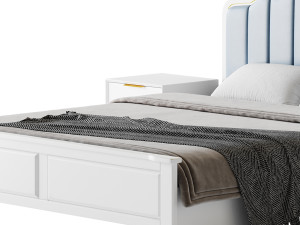 Blue Wood Upholstered Headboard Bed 3D Model