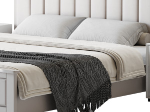 Blue Wood Upholstered Headboard Bed 3D Model