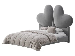 Elegant Blue Pine Wood Upholstered Panel Bed 3D Model