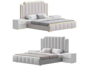 Glam Beige Upholstered Bed 3D Model