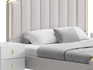 Glam Beige Upholstered Bed 3D Model