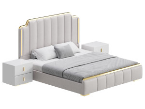 Glam Beige Upholstered Bed 3D Модель