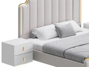 Glam Beige Upholstered Bed 3D Model