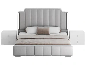 Glam Beige Upholstered Bed 3D Model