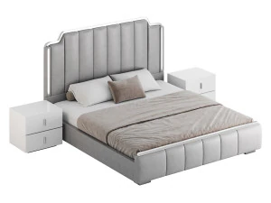 Glam Beige Upholstered Bed 3D Model