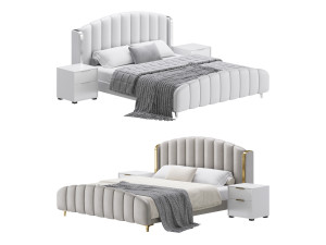 Glamorous Beige Upholstered Wingback Bed 3D Model