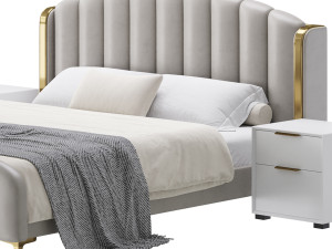 Glamorous Beige Upholstered Wingback Bed Modelo 3D