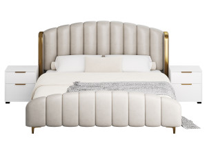 Glamorous Beige Upholstered Wingback Bed Modelo 3D