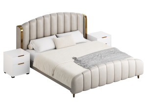 Glamorous Beige Upholstered Wingback Bed Modelo 3D