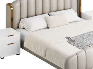 Glamorous Beige Upholstered Wingback Bed Modelo 3D