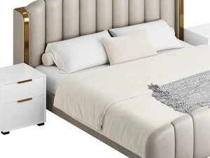 Glamorous Beige Upholstered Wingback Bed 3D Model