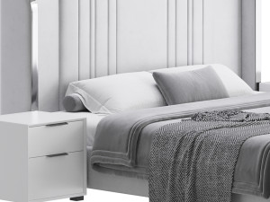 Glamorous White Upholstered Wingback Bed I Model 3D