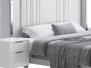 Glamorous White Upholstered Wingback Bed I 3D Model