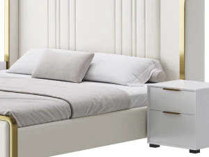 Glamorous White Upholstered Wingback Bed I 3D Model