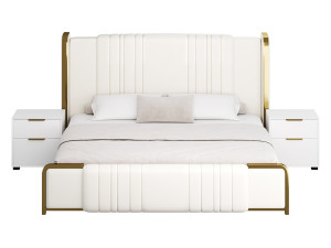 Glamorous White Upholstered Wingback Bed I Model 3D