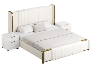 Glamorous White Upholstered Wingback Bed I Model 3D
