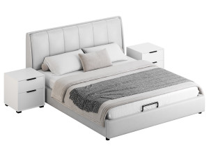 Gray Wingback Upholstered Headboard Bed 3D Model
