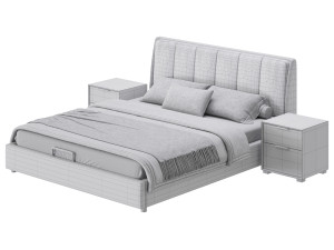 Gray Wingback Upholstered Headboard Bed 3D Model