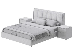 Gray Wingback Upholstered Headboard Bed 3D Model