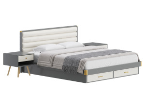 Grey Rectangular Headboard Standard Bed 3D 모델