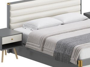 Grey Rectangular Headboard Standard Bed 3D 모델