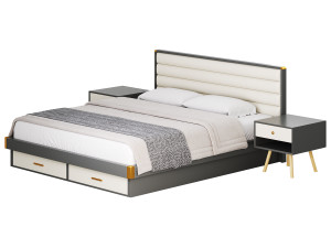 Grey Rectangular Headboard Standard Bed 3D 모델