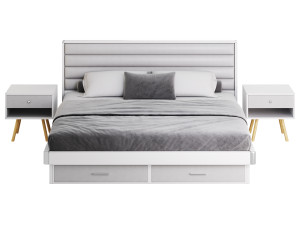 Grey Rectangular Headboard Standard Bed 3D 모델