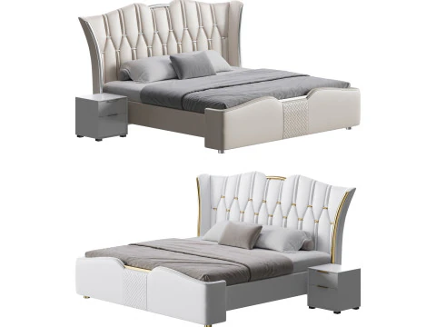 Современная большая двуспальная кровать с мягкой обивкой кремового цвета и тафтингом 3D Модель