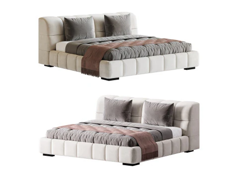 White Upholstered Wood Modern Headboard Bed 3D Model