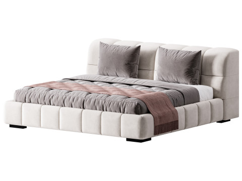 White Upholstered Wood Modern Headboard Bed Model 3D